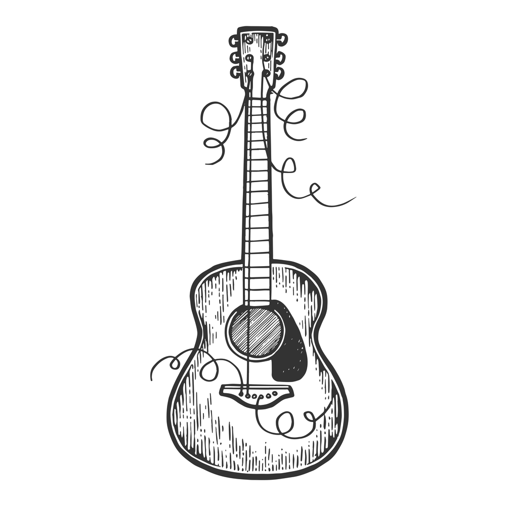 Guitar with torn strings engraving vector illustration. Scratch board style imitation. Black and white hand drawn image.